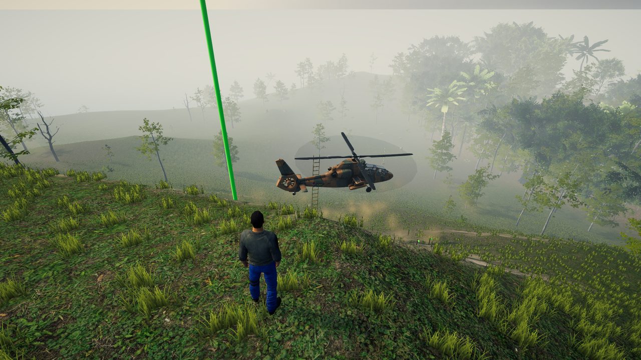The rescue helicopter hovering over the extraction pad